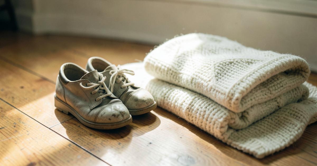 A worn pair of childhood shoes beside folded cream knitted blankets on a sunlit wooden floor