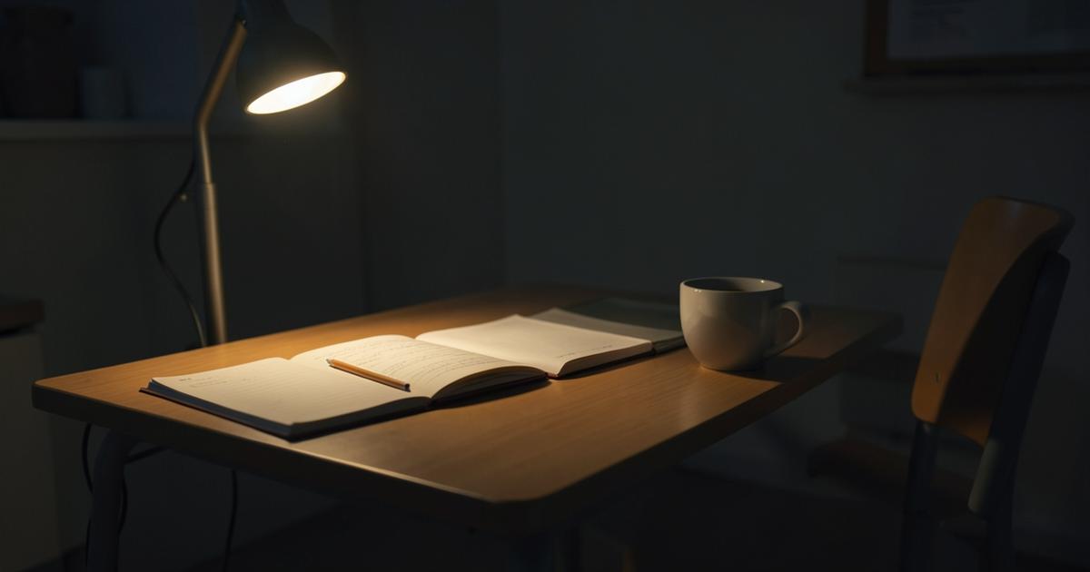 A quiet study desk at night with an open notebook, pencil, cup of tea and a lamp switched on